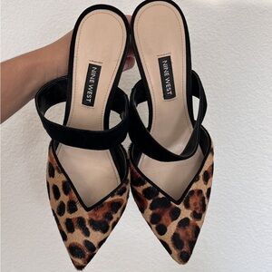 ISO Nine West Sorina Pointy Toe Mules - Leopard Haircalf heels